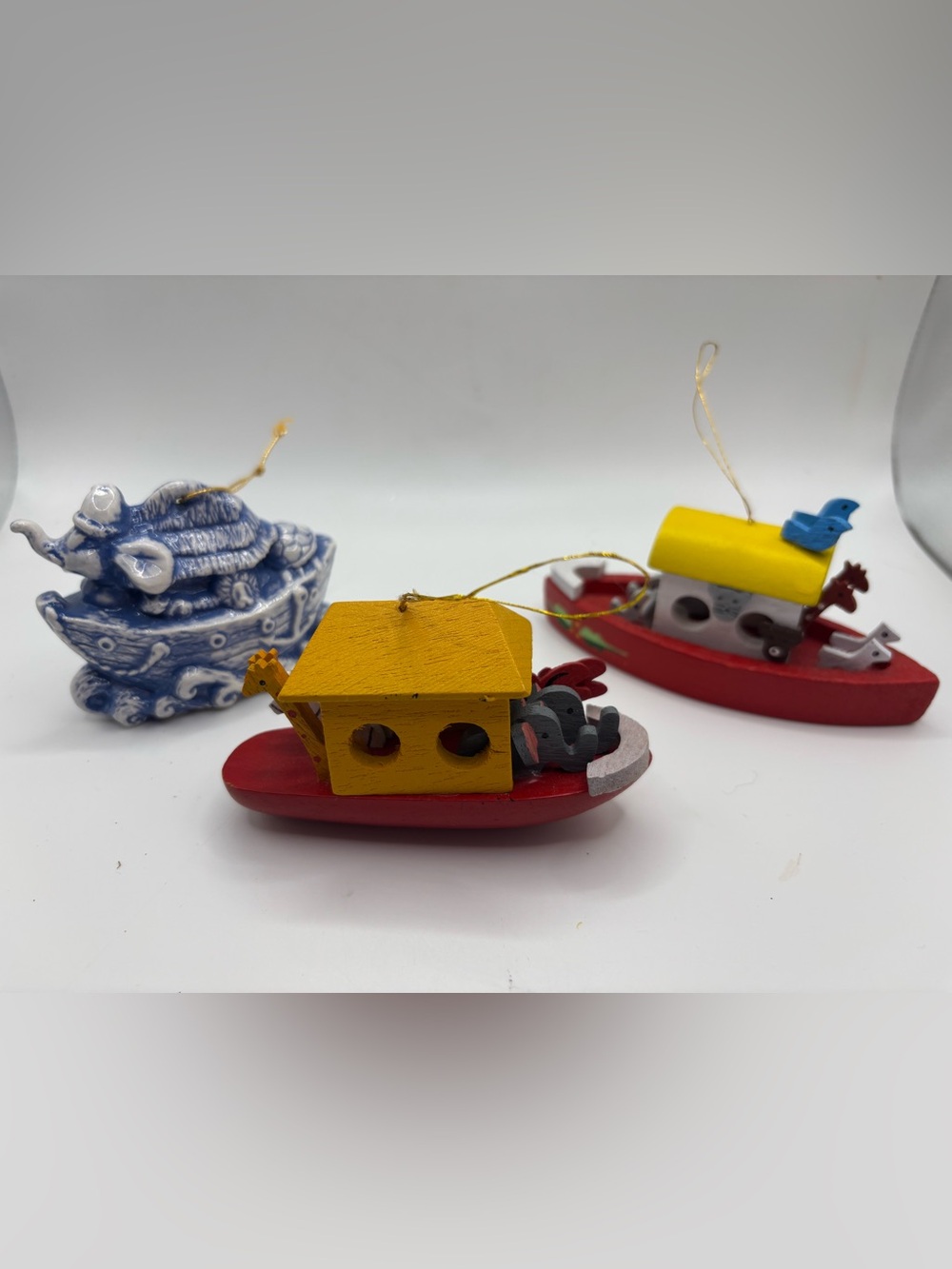 Lot 3 Noah’s Ark Christmas Ornaments Midwest Ceramic Wood Animals Boat Holiday